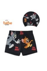 Tom ve Jerry Erkek Çocuk Mayo Takımı 1-2-3-4 Yaş Şort Mayo ve Bone 2’li Set Yüzme Takımı Havuz Mayo