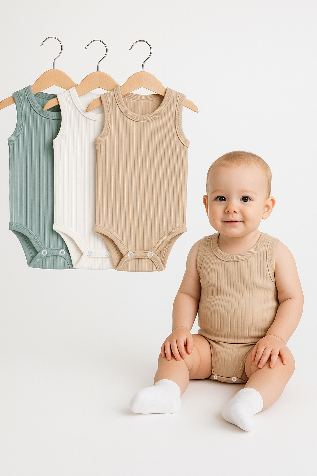 3’lü Fitilli Bej-Beyaz-Yeşil Bebek Zıbın Seti Pamuklu Kolsuz Çıtçıtlı Yazlık Body Unisex Badi Takımı