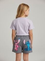 Pamuklu Kız Çocuk Yazlık Alt Üst Takım - Stitch Desenli Alt Üst Takım Şortu Kısa Kollu Lila Takım 4-5 Yaş