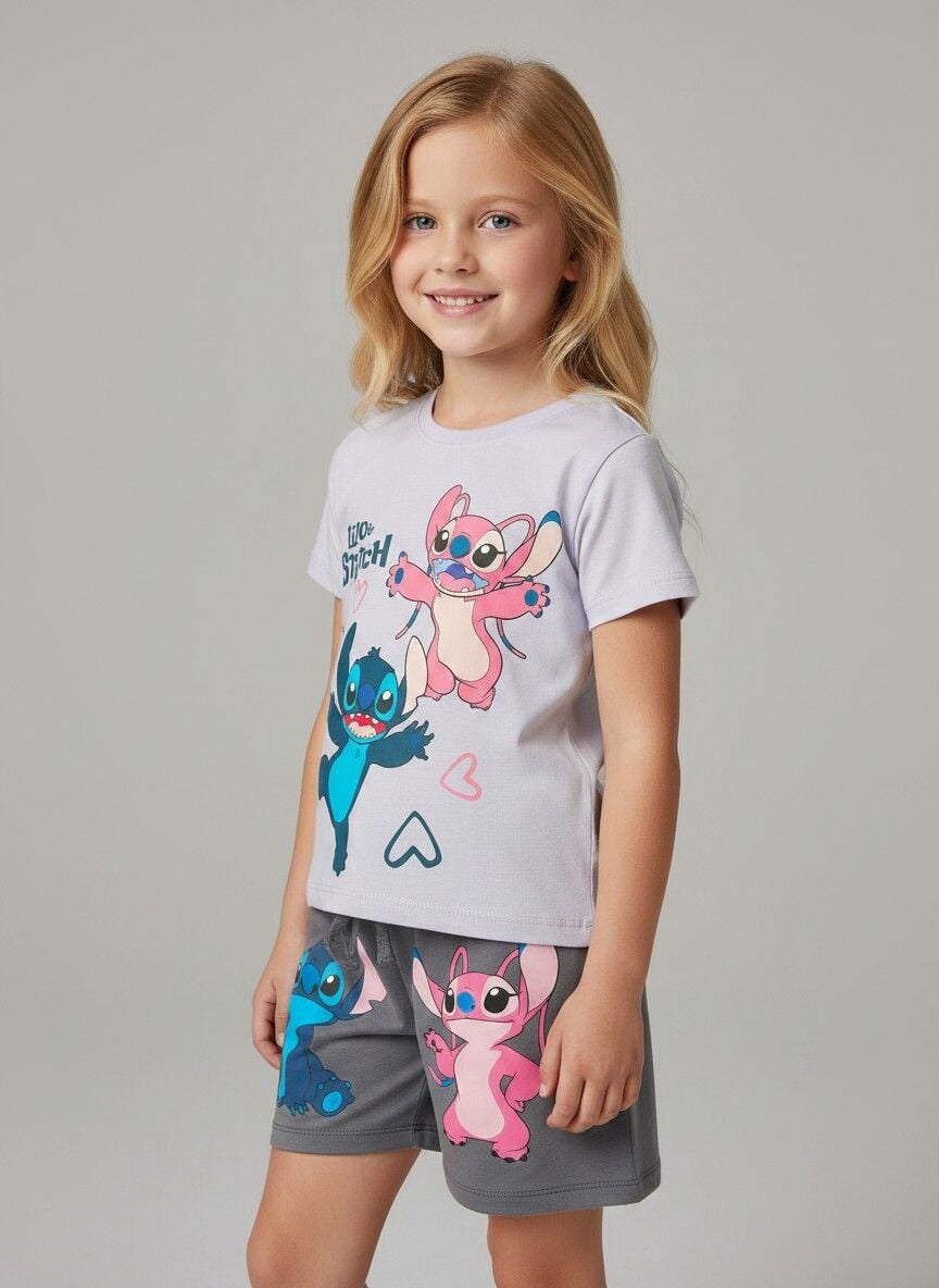 Pamuklu Kız Çocuk Yazlık Alt Üst Takım - Stitch Desenli Alt Üst Takım Şortu Kısa Kollu Lila Takım 4-5 Yaş
