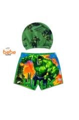 Hulk Baskılı Erkek Çocuk Mayo Takımı | 1-2-3-4 Yaş | Yeşil Süper Kahraman Yüzme Şortu ve Bone Seti 2 Yaş