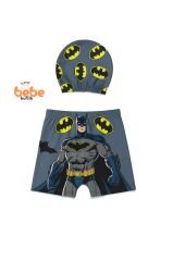 Batman Baskılı Erkek Çocuk Mayo Takımı Yüzme Şortu ve Bone Seti Süper Kahraman Havuz ve Deniz Mayosu