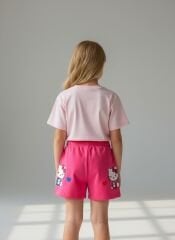 Kız Çocuk Yazlık Alt Üst Takım - Hello Kitty Desenli Pembe Baskılı Alt Üst Takım Şortlu Takım 4-5 Yaş