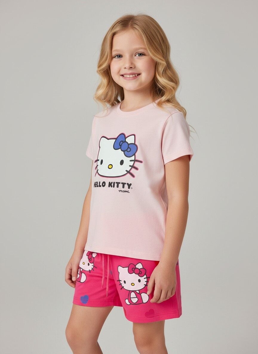 Kız Çocuk Yazlık Alt Üst Takım - Hello Kitty Desenli Pembe Baskılı Alt Üst Takım Şortlu Takım 4-5 Yaş