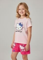 Kız Çocuk Yazlık Alt Üst Takım - Hello Kitty Desenli Pembe Baskılı Alt Üst Takım Şortlu Takım 4-5 Yaş