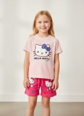 Kız Çocuk Yazlık Alt Üst Takım - Hello Kitty Desenli Pembe Baskılı Alt Üst Takım Şortlu Takım 4-5 Yaş