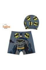 Batman Baskılı Erkek Çocuk Mayo Takımı Yüzme Şortu ve Bone Seti Süper Kahraman Havuz ve Deniz Mayosu 4 YAŞ
