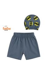 Batman Baskılı Erkek Çocuk Mayo Takımı Yüzme Şortu ve Bone Seti Süper Kahraman Havuz ve Deniz Mayosu 2 Yaş