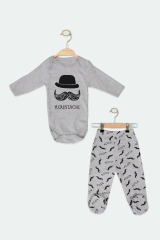 Bıyık Desenli 2'li Bebek Zıbın Takımı %100 Pamuk Unisex Yenidoğan ve 0-6 Ay Bebek Kıyafet Seti Gri 0-3 AY