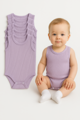 5'li Fitilli Çıtçıtlı Bebek Zıbın Seti Pamuklu Atlet Body Yazlık Kolsuz Bebek Zıbın Tulum Ribana 24-36 Ay - Lila