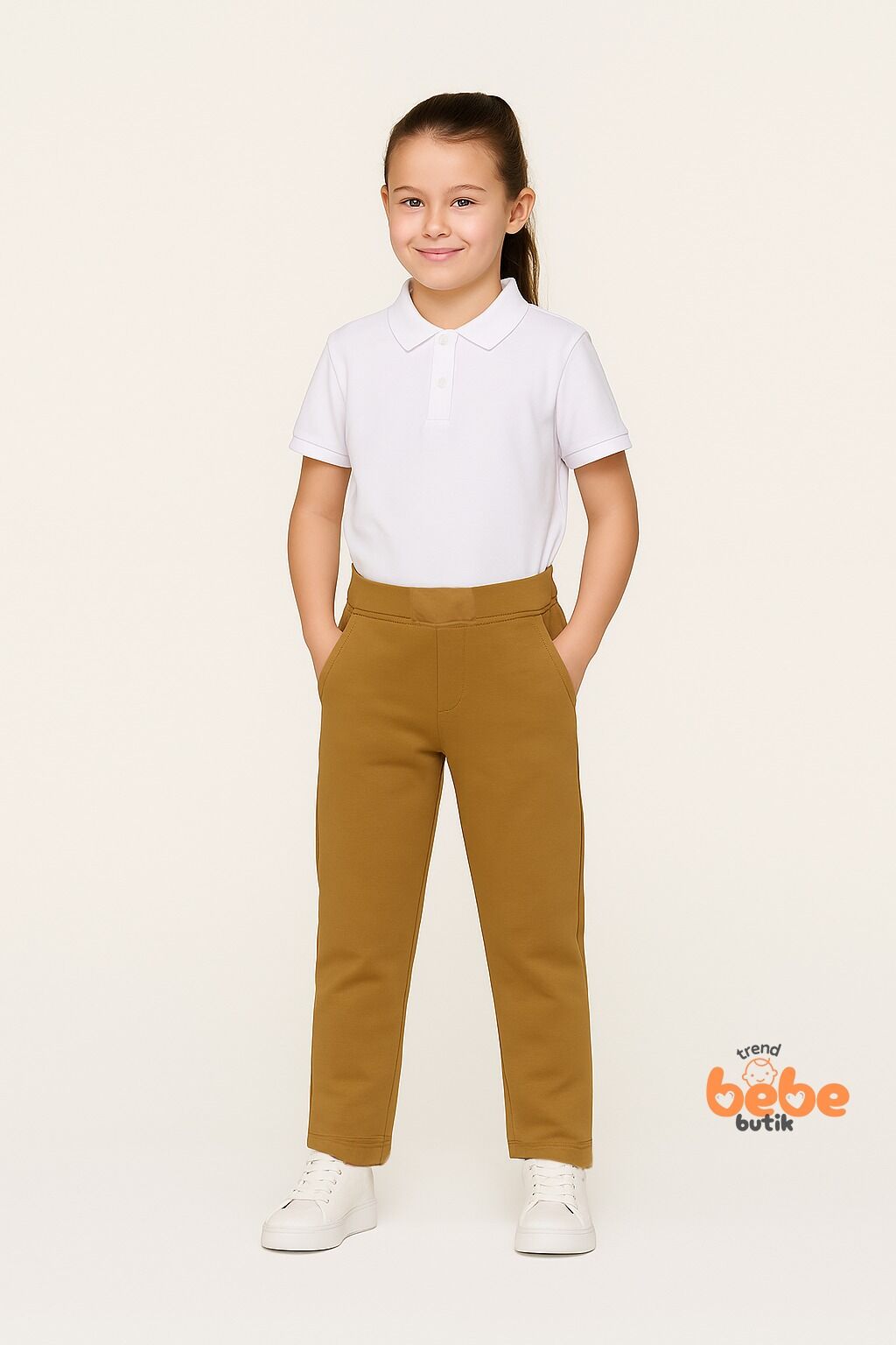 Ribanalı Bel %100Pamuk Penye Kumaş, Okul Pantolonu Kız Çocuk Okul Eşofmanı Rahat ve Şık Bej