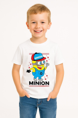 Minion Baskılı Erkek Çocuk Tişört | 3-14 Yaş Pamuklu Yazlık Kısa Kollu Renkli Günlük T-Shirt Beyaz 5-6 Yaş
