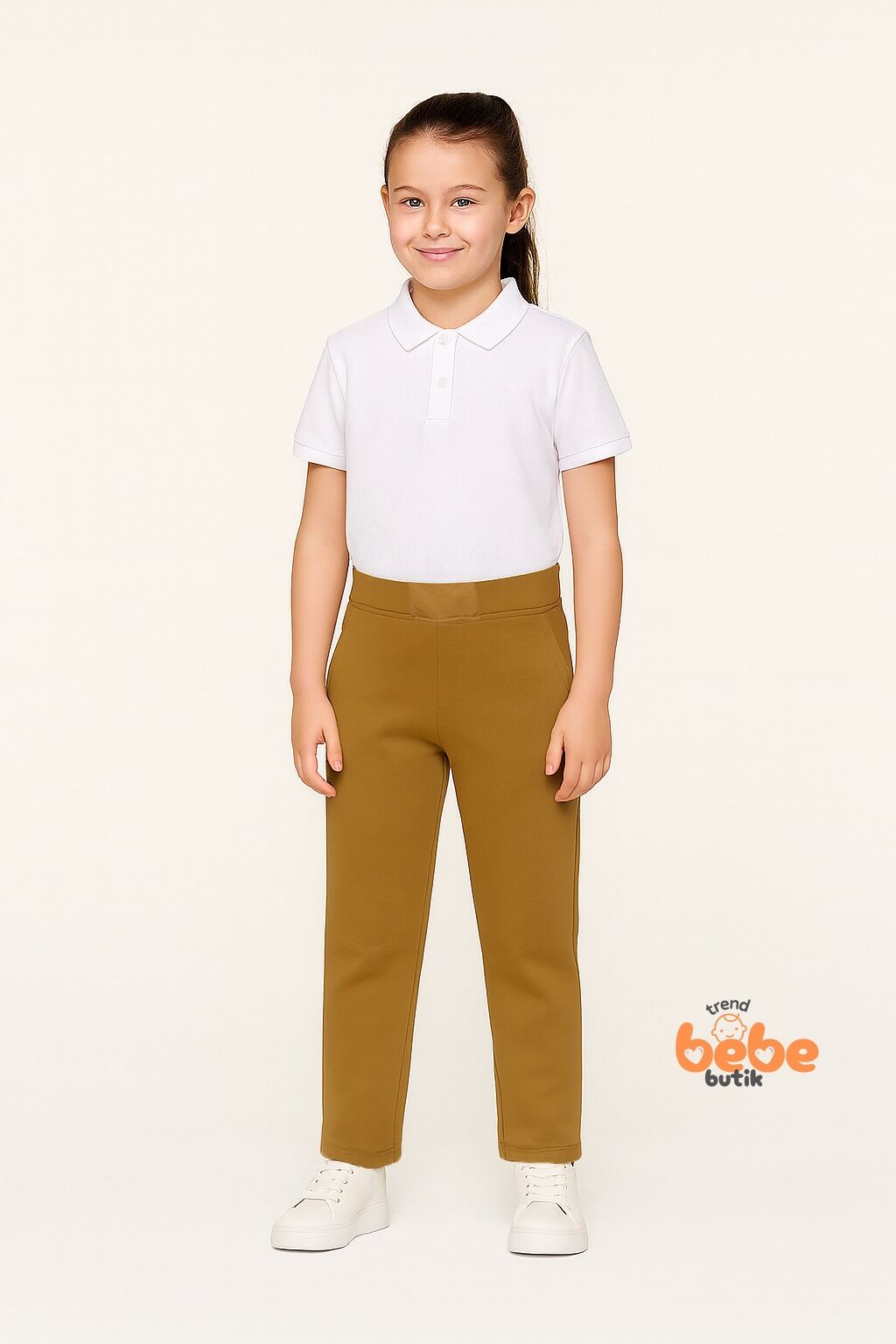 Ribanalı Bel %100Pamuk Penye Kumaş, Okul Pantolonu Kız Çocuk Okul Eşofmanı Rahat ve Şık Bej BEJ - 12 YAŞ