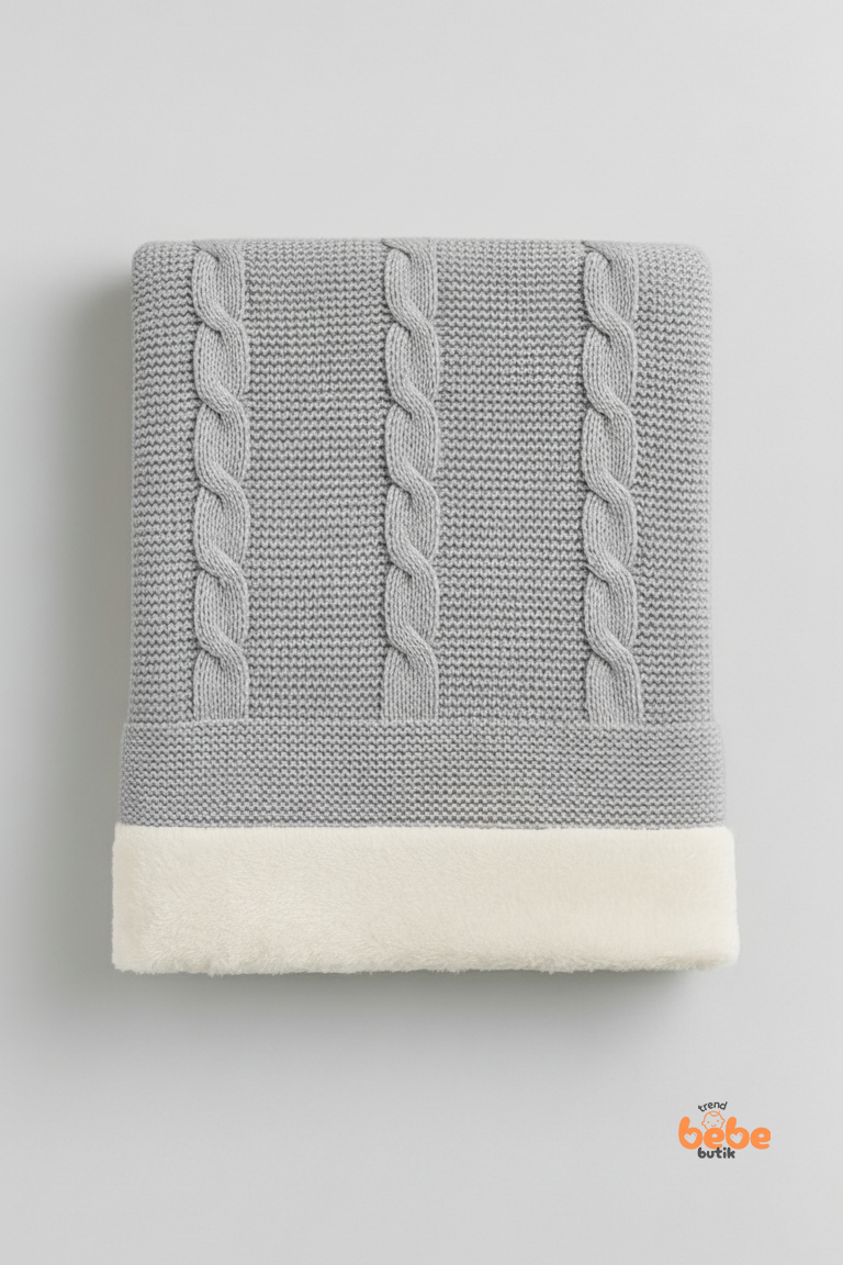 İçi Peluş Polar Triko Örgü Bebek Battaniyesi Kalın,Yumuşak,Saç Örgü Desenli Polar Bebek Battaniyesi