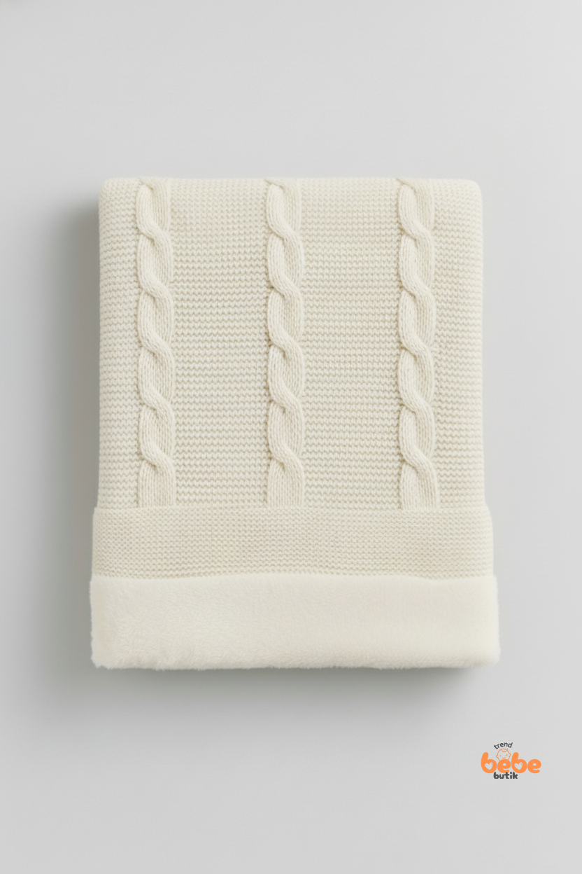 İçi Peluş Polar Triko Örgü Bebek Battaniyesi Kalın,Yumuşak,Saç Örgü Desenli Polar Bebek Battaniyesi