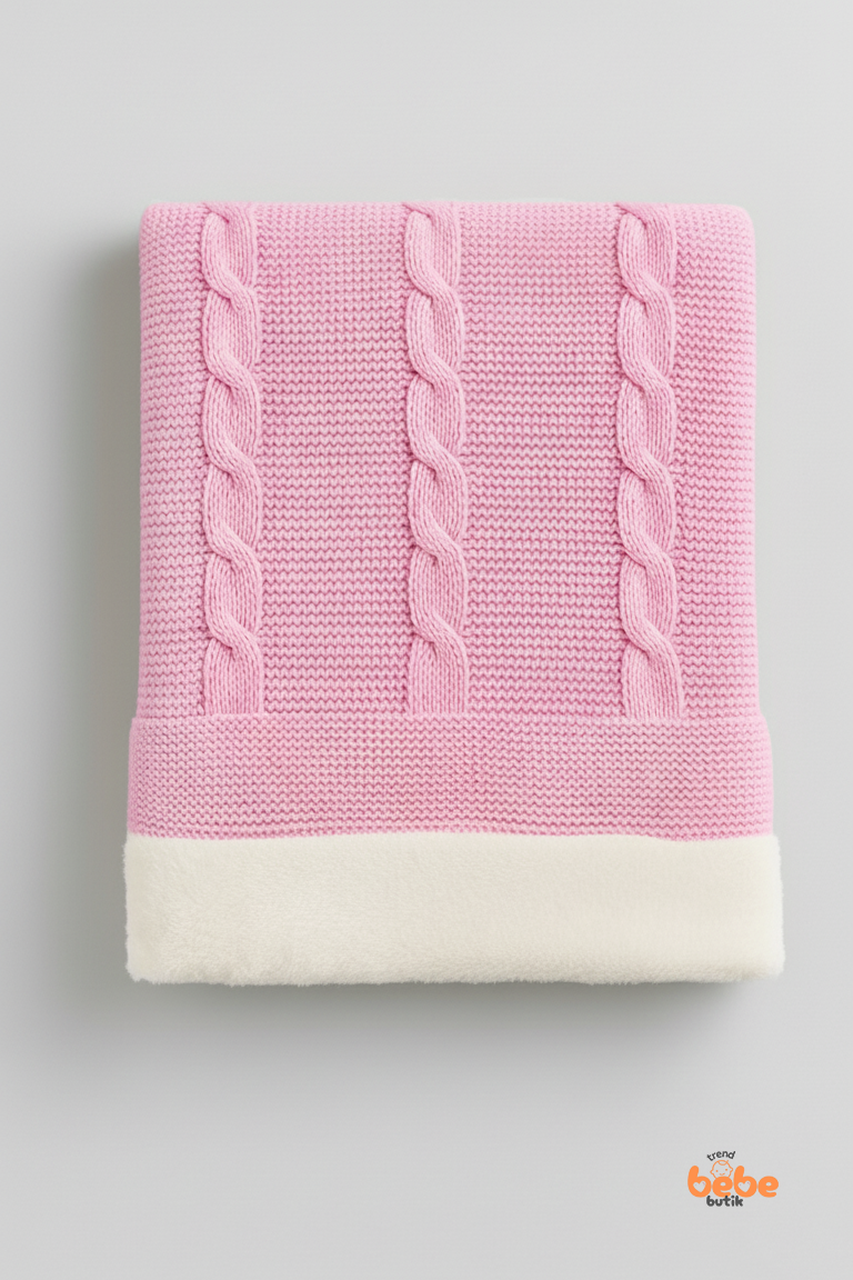 İçi Peluş Polar Triko Örgü Bebek Battaniyesi Kalın,Yumuşak,Saç Örgü Desenli Polar Bebek Battaniyesi