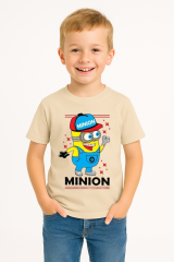 Minion Baskılı Erkek Çocuk Tişört | 3-14 Yaş Pamuklu Yazlık Kısa Kollu Renkli Günlük T-Shirt Bej 13-14 Yaş