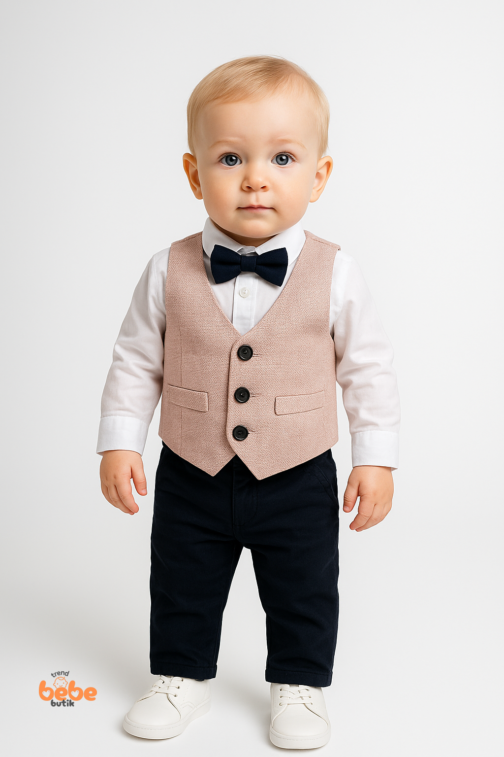 Erkek Bebek 4’lü Takım Elbise Seti Papyonlu Yelekli Gömlek Pantolon Düğün Sünnet Doğum Günü Kıyafeti PEMBE - 9-12 Ay