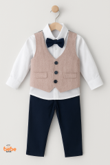 Erkek Bebek 4’lü Takım Elbise Seti Papyonlu Yelekli Gömlek Pantolon Düğün Sünnet Doğum Günü Kıyafeti PEMBE - 9-12 Ay