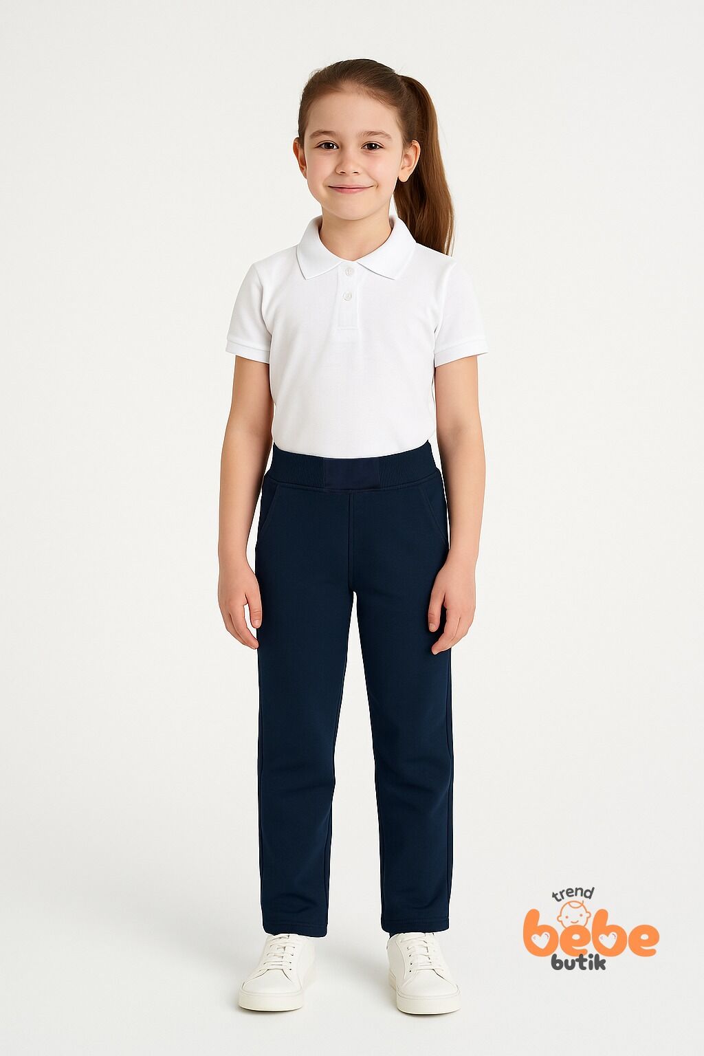Ribanalı Bel %100Pamuk Penye Kumaş, Okul Pantolonu Kız Çocuk Okul Eşofmanı Rahat ve Şık Bej LACİVERT - 9 YAŞ