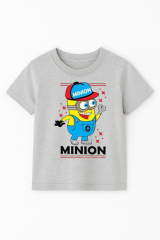 Minion Baskılı Erkek Çocuk Tişört | 3-14 Yaş Pamuklu Yazlık Kısa Kollu Renkli Günlük T-Shirt Gri 5-6 Yaş