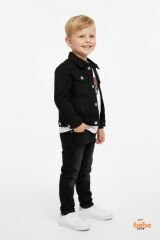 Erkek Çocuk Kot Ceketli Takım, Beyaz Baskılı Tişört ve Kot Pantolon 3’lü Kombin Siyah