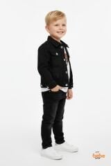 Erkek Çocuk Kot Ceketli Takım, Beyaz Baskılı Tişört ve Kot Pantolon 3’lü Kombin Siyah 12 YAŞ - SİYAH