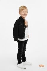 Erkek Çocuk Kot Ceketli Takım, Beyaz Baskılı Tişört ve Kot Pantolon 3’lü Kombin Siyah 6 YAŞ - SİYAH