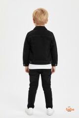 Erkek Çocuk Kot Ceketli Takım, Beyaz Baskılı Tişört ve Kot Pantolon 3’lü Kombin Siyah