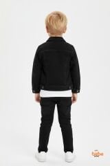 Erkek Çocuk Kot Ceketli Takım, Beyaz Baskılı Tişört ve Kot Pantolon 3’lü Kombin Siyah 12 YAŞ - SİYAH