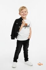 Erkek Çocuk Kot Ceketli Takım, Beyaz Baskılı Tişört ve Kot Pantolon 3’lü Kombin Siyah