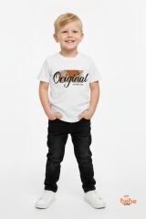 Erkek Çocuk Kot Ceketli Takım, Beyaz Baskılı Tişört ve Kot Pantolon 3’lü Kombin Siyah