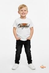 Erkek Çocuk Kot Ceketli Takım, Beyaz Baskılı Tişört ve Kot Pantolon 3’lü Kombin Siyah 12 YAŞ - SİYAH