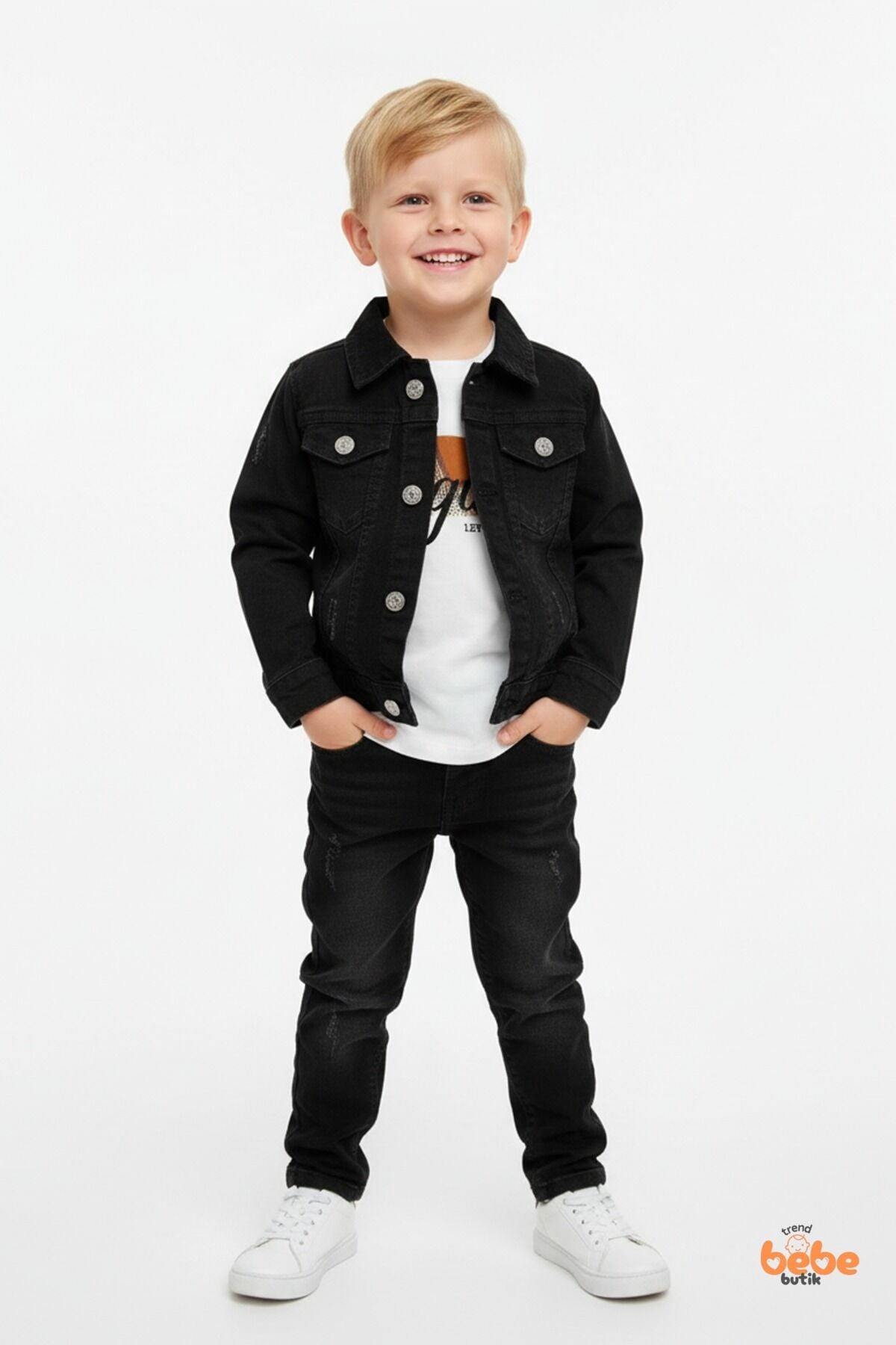 Erkek Çocuk Kot Ceketli Takım, Beyaz Baskılı Tişört ve Kot Pantolon 3’lü Kombin Siyah 6 YAŞ - SİYAH