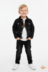 Erkek Çocuk Kot Ceketli Takım, Beyaz Baskılı Tişört ve Kot Pantolon 3’lü Kombin Siyah