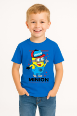 Minion Baskılı Erkek Çocuk Tişört | 3-14 Yaş Pamuklu Yazlık Kısa Kollu Renkli Günlük T-Shirt Koyu Mavi 5-6 Yaş