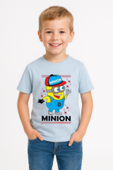 Minion Baskılı Erkek Çocuk Tişört | 3-14 Yaş Pamuklu Yazlık Kısa Kollu Renkli Günlük T-Shirt Açık Mavi 3-4 Yaş