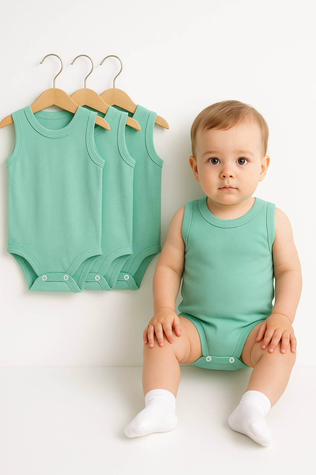 3’lü Bebek Zıbın Seti | Pamuklu Kolsuz Çıtçıtlı Yazlık Body Erkek & Kız Bebek İçin Unisex Badi Tulum 24-36 Ay - YEŞİL