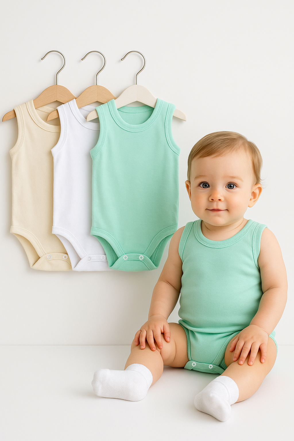 3’lü Bej-Beyaz-Yeşil Bebek Zıbın Seti | Pamuklu Kolsuz Yazlık Çıtçıtlı Body | Unisex Bebek Badi