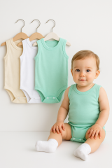 3’lü Bej-Beyaz-Yeşil Bebek Zıbın Seti | Pamuklu Kolsuz Yazlık Çıtçıtlı Body | Unisex Bebek Badi