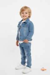 Erkek Çocuk Kot Ceketli Takım, Beyaz Baskılı Tişört ve Kot Pantolon 3’lü Kombin Mavi