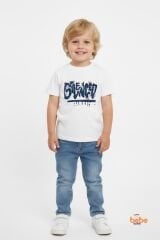 Erkek Çocuk Kot Ceketli Takım, Beyaz Baskılı Tişört ve Kot Pantolon 3’lü Kombin Mavi 12 YAŞ - MAVİ