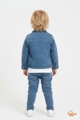 Erkek Çocuk Kot Ceketli Takım, Beyaz Baskılı Tişört ve Kot Pantolon 3’lü Kombin Mavi 5 YAŞ - MAVİ