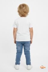 Erkek Çocuk Kot Ceketli Takım, Beyaz Baskılı Tişört ve Kot Pantolon 3’lü Kombin Mavi