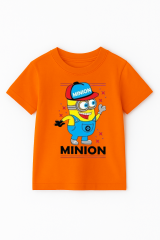 Minion Baskılı Erkek Çocuk Tişört | 3-14 Yaş Pamuklu Yazlık Kısa Kollu Renkli Günlük T-Shirt Turuncu 11-12 Yaş