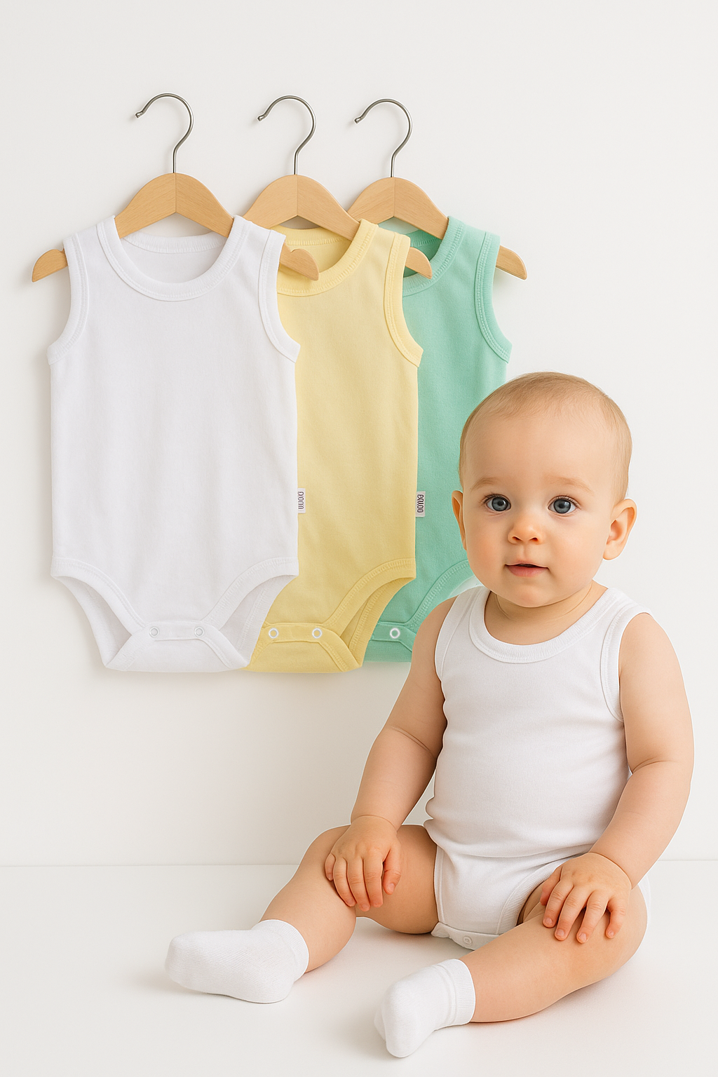 3’lü Beyaz-Sarı-Yeşil Bebek Zıbın Seti | Pamuklu Kolsuz Çıtçıtlı Yazlık Body | Unisex Bebek Badi 24-36 Ay