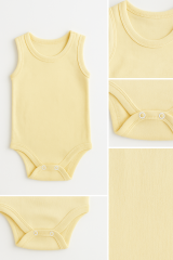 3’lü Bej-Sarı-Yeşil Bebek Zıbın Seti | Pamuklu Kolsuz Çıtçıtlı Yazlık Body | Unisex Bebek Badi
