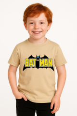 Batman Baskılı Erkek Çocuk Tişörtü - Kısa Kollu Pamuklu Yazlık Basic Süper Kahraman Tasarım Bej 3-4 Yaş
