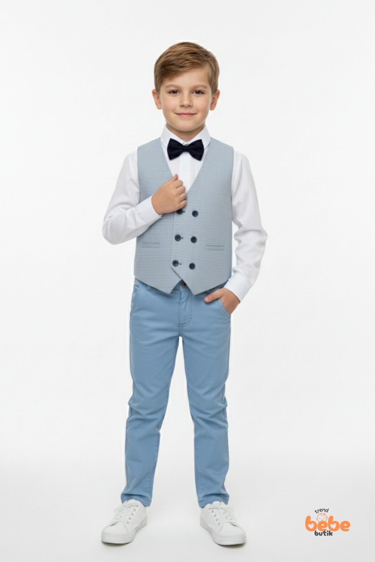 Erkek Çocuk 4’lü Smokin Takım, Gömlek Yelek Papyon ve Pantolon Şık Kombin, Davet & Özel Gün Mavi