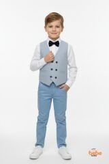 Erkek Çocuk 4’lü Smokin Takım, Gömlek Yelek Papyon ve Pantolon Şık Kombin, Davet & Özel Gün Mavi 6 YAŞ - MAVİ